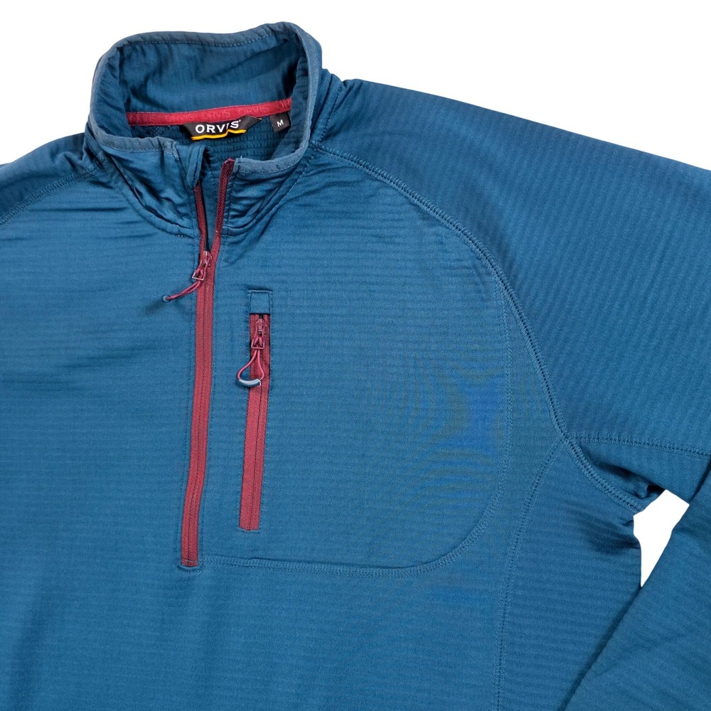 Orvis Mens Quarter Zip Pullover Teal Blue Grid Fleece Activewear Size M